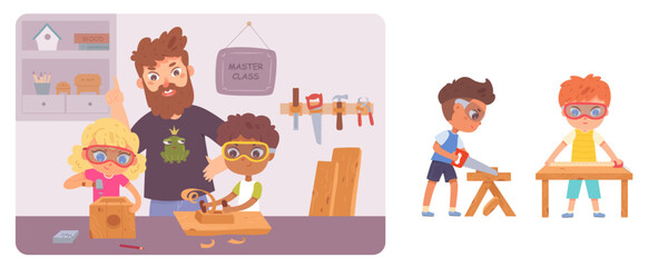 Woodwork master class with kids and carpenter teacher set, child working with wood