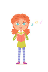 Cute girl singing song vector illustration. Cartoon isolated happy kawaii female singer standing to sing to music at Christmas party, choir performance or school concert on stage