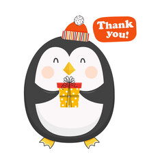 Cute baby penguin is holding a gift in its paws. Happy penguin celebrates the holiday. Cartoon character for sticker, postcard. Vector flat illustration on transparent background