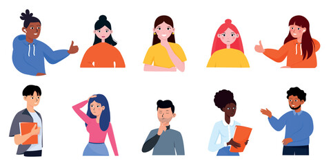 A set of office employees men and women in different poses, different nationalities. Managers, employees. Startup, IT company flat vector illustration