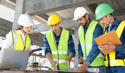 team of civil engineer manager, maintenance supervisor, professional technician foreman together...