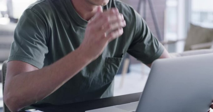 Stress, burnout and businessman reading on a laptop, work anxiety and tired of computer glitch from home. Depression, sad and entrepreneur angry, frustrated and fail with remote work on a pc