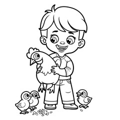 Cute cartoon boy holding a hen in hands surrounded by chickens outlined for coloring page on white background