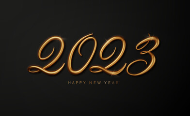 Obraz na płótnie Canvas 2023 Happy new year golden banner . Dark luxury background with golden metallic numbers date 2023. Vector illustration.