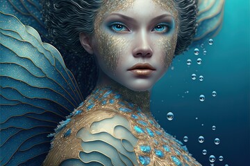 Goddess of Water in Fish Scale Dress. Generative AI, non-existent person. 