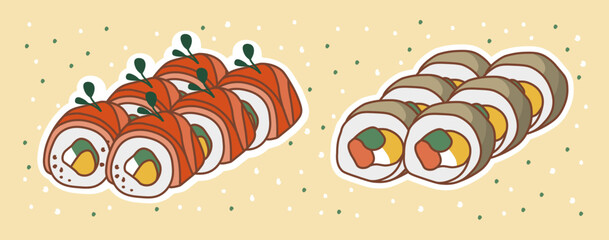 Illustration of sushi. Japanese food. Asian food stickers. Suitable for restaurant banners, logos, and fast food advertisements.