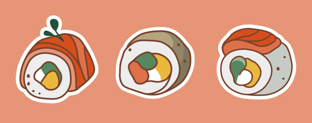 Illustration of sushi. Japanese food. Asian food stickers. Suitable for restaurant banners, logos, and fast food advertisements.