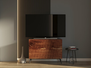Large Smart Tv mockup on chest in room, 3d rendering