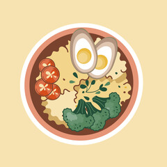 Asian food sticker. Bowl with rice, eggs, and broccoli. Suitable for restaurant banners, logos, and fast food advertisements. Korean or Chinese food. Vegetarian.