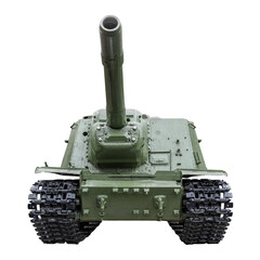 Military green tank self-propelled artillery mount on tracks with a cannon front view from below close-up isolated on a white transparent background.
