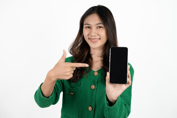 Happy asian woman feeling happiness and standing typing smartphone on white background.