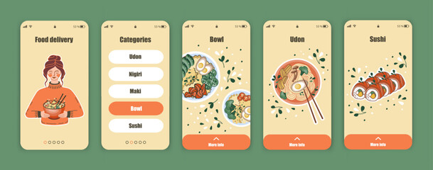 Set of UI, UX screens for mobile app about food delivery. Asian food Dashboard. Chinese, Korean or Japanese online shop. Template of the interface. © Аня Марюхно