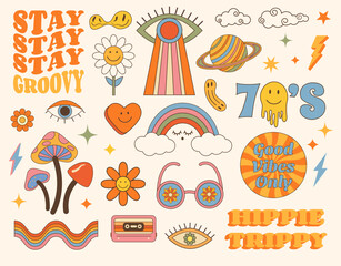 Groovy hippie 70s set of psychedelic elements. Rainbow, mushrooms, eas etc. Retro melting and dripping smiles. Sticker pack in vintage cartoon style. Hippie trippy symbols. Vector clipart