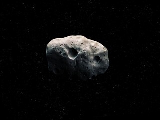 A large asteroid with craters near the Earth's orbit. Dangerous meteorite isolated on a dark background. © Nazarii