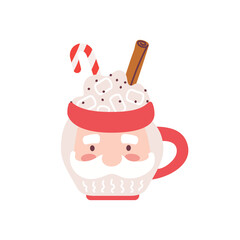 Christmas hot chocolate with cream, candy cane, cinnamon stick in a mug in the form of Santa Claus.  Cute flat cartoon vector illustration.