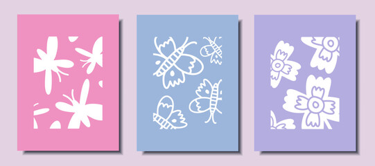 A set of cute posters with flowers and butterflies. Vector illustration