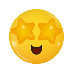Excited cartoon character. Yellow glossy 3d sticker Starry eyed emoji. Stars in the eyes