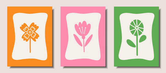 Collection of abstract posters with flowers. Vector illustration in cartoon style