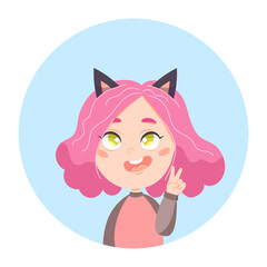 Cute pink haired cartoon style girl with green eyes and cat ears
