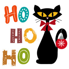 Colorful abstract Mid Century style illustration with black cat and Ho Ho Ho text design decoration on white background - 551314557