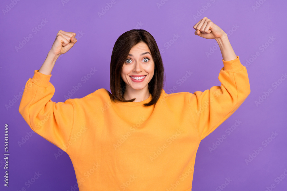 Sticker close up photo of excited crazy lady toothy smile wear trendy sweatshirt raise two arms triceps isol