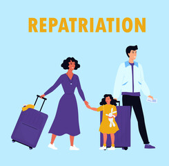 Family with baggage and tickets repatriating. Repatriation concept. People going to another country, travelling. Flat vector illustration.
