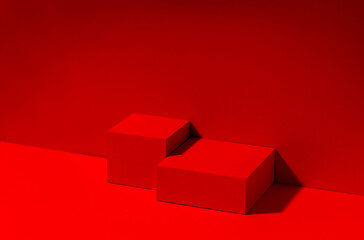 Red scene for product presentation, red podium with copy space. Studio photography.