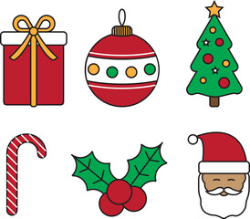 Christmas icon set of 6. Vector illustrations. Winter holiday colorful  clipart: gift box, ornament, xmas tree, candy cane, santa. NewYear vector linear. Isolated collection on white background. EPS10