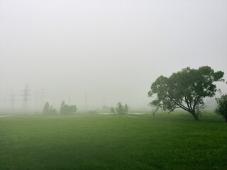 Heavy rain over industrial landscape