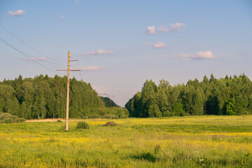 Fototapeta na wymiar Power line through meadow and forest in summer