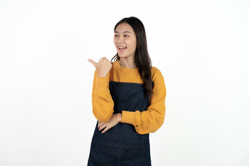 Young beautiful woman with apron standing on isolated white background pointing finger to blank space.