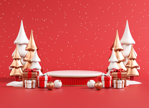 Christmas banner background with a podium platform red and gold festive stuff in 3D illustration