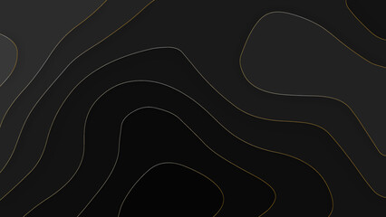Luxurious Black papercut background. Abstract realistic paper cut decoration textured with wavy layers. Geometric cut paper black luxury background with gold elements, topography map concept.