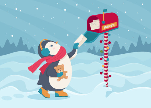 Cute, little penguin puts the letter for Santa Claus in the post box. Winter landscape. Christmas postcard. Flat vector illustration.