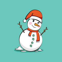 Snowman with a scarf and santa hat isolated on blue background. Flat design. Graphic resource for winter and christmas content, banner, sticker label and greeting card. Vector illustration EPS10.