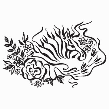 Hand drawn monochrome zebra head with flowers isolated on white background. Elegant illustration with animal portrait and flowers, t-shirt, tattoo design. Calligraphic illustration.
