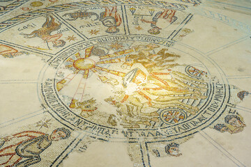 Fototapeta na wymiar Mosaic floor, zodiac and biblical scenes, ancient Synagogue, Tzipori