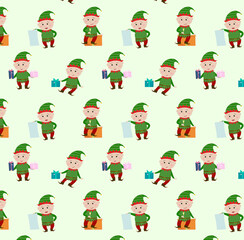 Pattern seamless cute joyful santa's helpers elves with presents