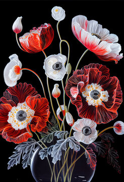 red and white poppy on black background