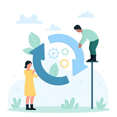 Application upgrade process, software installation and sync progress vector illustration. Cartoon tiny people holding circular loop update icon with cogwheels, gears inside, work on system development