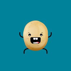 vector funny cartoon cute tiny brown smiling potato character isolated on blue background. Funky Potato with smiling face. vegetable funky character