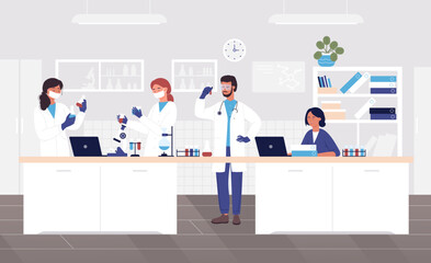 Scientists man and woman people conducting scientific research in a lab, interior of science laboratory, Laboratory interior, equipment and lab glassware vector Illustration