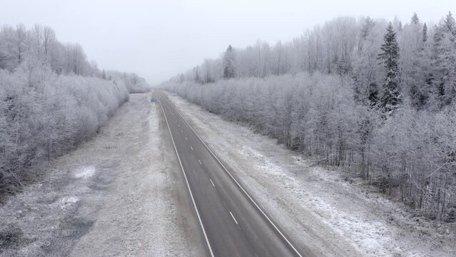 Static video with a view of the road and the forest covered with snow