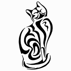 Sitting stripes cat. Graphic drawing. Happy cat linear illustration isolated on white background. Cat silhouette drawing by hand. Vector image. Calligraphy image. Tattoo design.