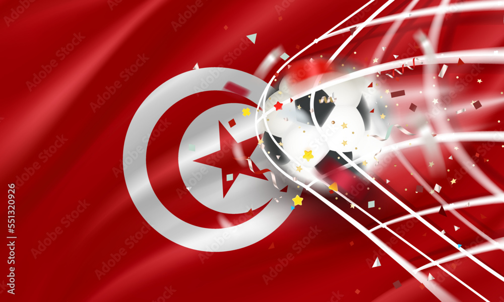 Poster The ball in the soccer net. Goal vector concept with flag of Tunisia. 3d vector banner with blur effect