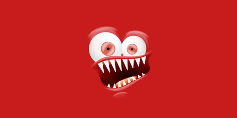 Vector funny angry red christmas monster face with open mouth with fangs and evil eyes isolated on red background. Christmas cute and angry monster design template for poster, banner and tee print