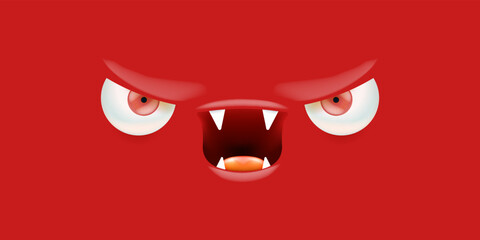 Vector funny angry red christmas monster face with open mouth with fangs and evil eyes isolated on red background. Christmas cute and angry monster design template for poster, banner and tee print
