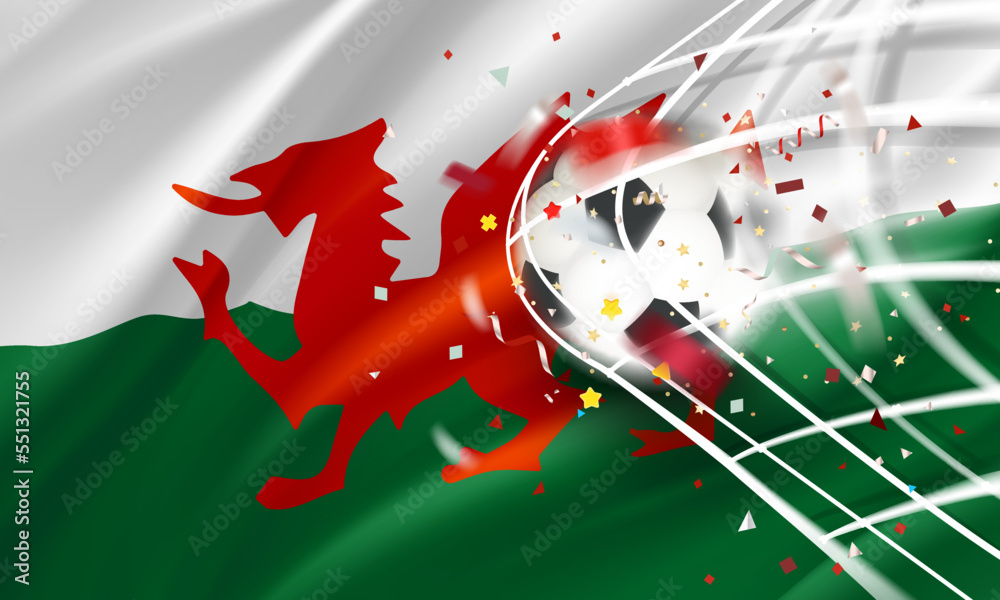 Poster The ball in the soccer net. Goal vector concept with flag of Wales. 3d vector banner with blur effect