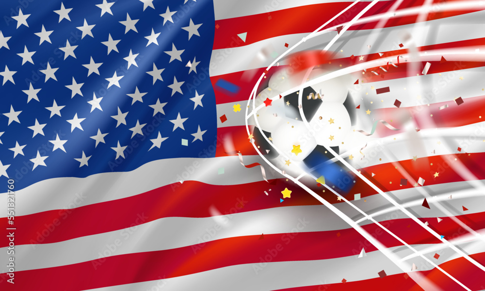 Poster The ball in the soccer net. Goal vector concept with flag of USA. 3d vector banner with blur effect