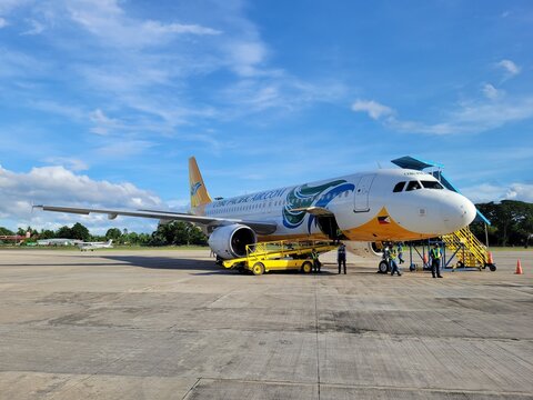 Cebu Pacific Airbus A320 jet at the Dumaguete Airport in the Philippines